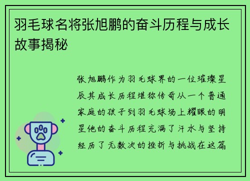 羽毛球名将张旭鹏的奋斗历程与成长故事揭秘