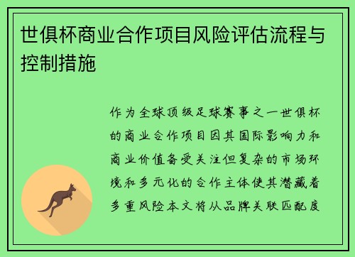 世俱杯商业合作项目风险评估流程与控制措施